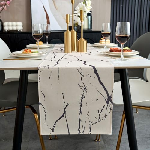 Jayusaror Tischläufer Modern Herbst Weiß und Grau Marmor Textur Abstrakte Kunst Waschbarer Tischläufer für Kaffee, Esszimmer, Kommode, Beistelltisch, Schlafzimmer, 40 x 140 cm