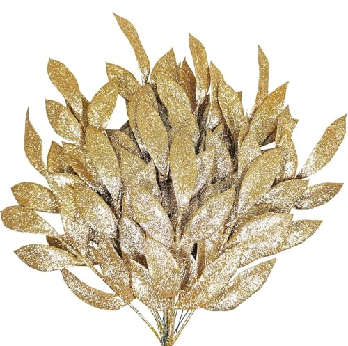 Laelfe 12 Stück Künstliche Gold Glitzer Weihnachtsblätter, Gold Weihnachtspicks Xmas Künstliche Goldblätter Stiel Goldene Blätter Weihnachten