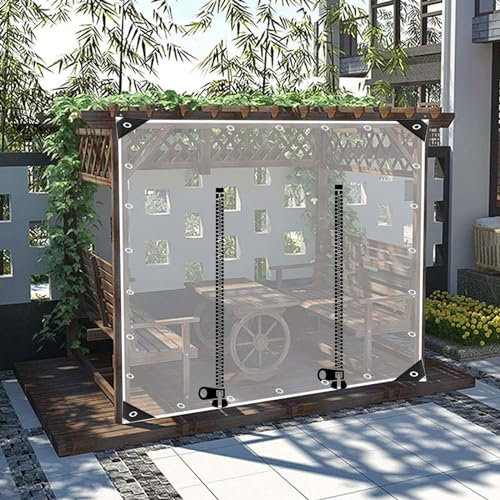 Wasserdichte Outdoor-Vorhänge für Pavillon, Pergola, Terrasse, transparente Plane, Seitenteile mit Reißverschlusstür, 0,3 mm PVC-Abdeckung, wetterfest und transparent, 5 m x 2,8 m, Ösen im