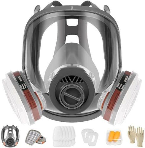LAMANICE Masque respiratoire intégral avec filtres, bouchons d'oreille et gants, masque à gaz pour peinture, soudure, produits chimiques, menuiserie, poussière, gaz, ponçage, polissage