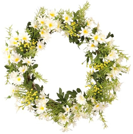 Wnvivi 35 cm Künstlicher Gänseblümchen-Kranz für die Haustür, Künstlicher Wildblumen-Weinreben-Kranz, Frühlings-Sommer-Gänseblümchen-Blumenkranz für Tür, Wand, Fenster,