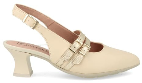PITILLOS - Zapato clásico,salón Destalonado con Puntera Fina,tacón Ancho,Piel,con Suela de Goma,2 Hebillas, para: Mujer Color: Crema Talla:39
