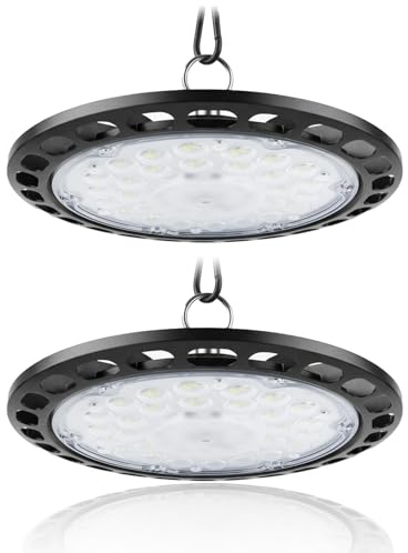Fynokst UFO LED Lámpara de Alta Bahía 100W, 12800LM Focos Led Interior Techo, 6000K Lámpara Alta Bahía, Iluminación Impermeable IP66 Campana LED Industrial para Fábrica, Garaje, Taller 2PCS