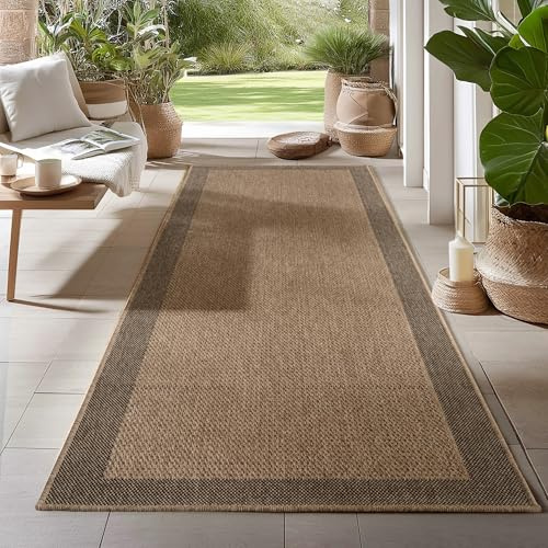 Carpetsale24 Outdoor Teppich Läufer 80x250 cm Beige Wetterfest Pflegeleicht im natürlichen Jute-Look für Flur Eingang Küche Wohnzimmer Terrasse Balkon Garten