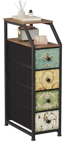 VEDECASA Fabric Chest of Drawers with 4 Drawers Tall Narrow Chest of Drawers Slim Storage Cabinet with Top Shelf Vintage Floral Motif for Hallway Bedroom Living Room, Sturdy Steel Frame Wooden Top