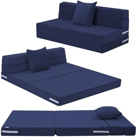MeMoreCool Klappmatratze Doppel 190x135cm, Hochdichter Schaumstoff Ausklappbares Sofa Stuhl Z Bett, Faltbare Futon Matratze, Boden Lounger Gäste Couch Bett zum Schlafen, Reisen, 13cm Dick, Marineblau