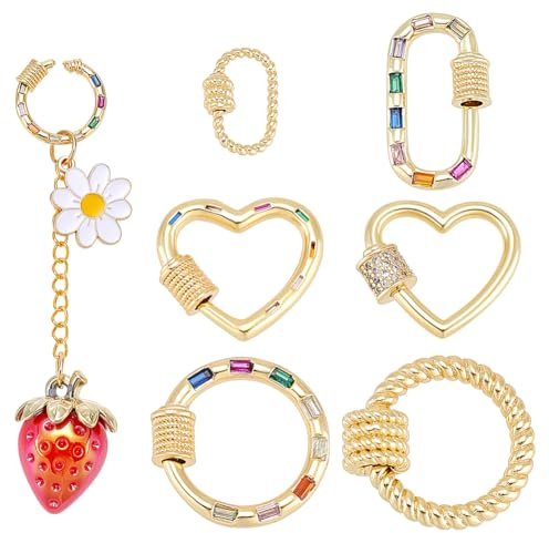 AHANDMAKER 6Pcs 6 Styles Carabiner Lock Charms, Real 18K Gold Plated Brass Jewelry Connectors with Screw Clasps Micro Pave Cubic Zirconia Screw Links for DIY Jewelry Making Necklace Bracelet