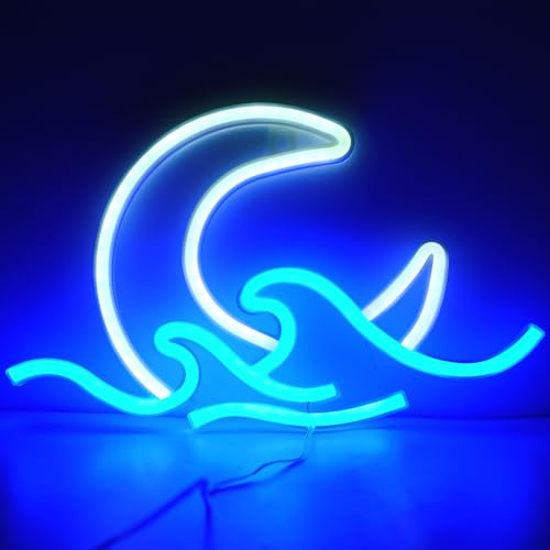 WIOSOUL Moon Wave Neon Sign, Aesthetic Night Light for Bedroom | USB/battery moon wave neon light 29.5×18cm blue LED lights ideal anime room decor,bedroom night light,or aesthetic wall art