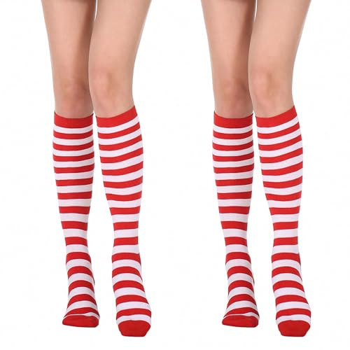 HaiFafafaing 2 Paar Kniestrümpfe Damen Gestreifte Overknees Strümpfe Ringelstrümpfe Lange Gestreifte Socken Für Schule Weihnachten Cosplay Party Mädchen Frauen