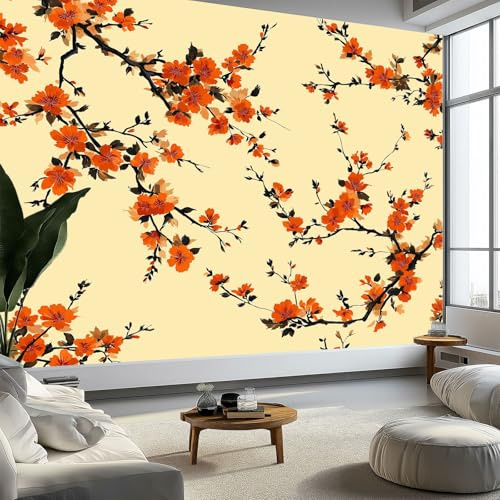 Murale da Parete 3D Fiori Tralci di Pesco Carta da Parati Fotografica, Stile Giapponese Murale da Parete in Tessuto Non Tessuto Poster Decorativo Design Moderno 500 x 280 cm (L x A) per Soggiorno