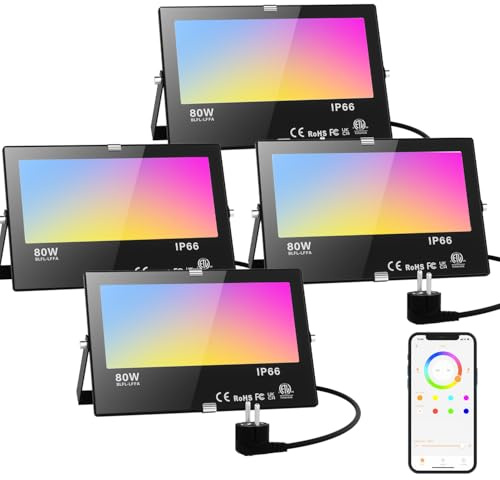 RGB LED Strahler Außen Kaltweiß 80W Fluter Smart Flutlicht Bunt Mit Bluetooth APP-Steuerung IP66 Wasserdicht Außenstrahler Million Farben Dimmbar Gartenbeleuchtung für Aussen Innen Party Garten 4 Stk