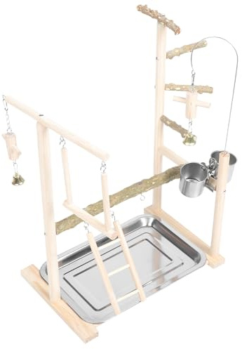 jojofuny Holz Vogelspielplatz mit Sitzstange Schaukel Futterstation und Glocke für Wellensittich und Papagei Sicherer Polierter Parrot Stand aus Robustem Holz für Spiel Training und