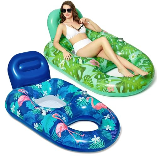 FindUWill Inflatable Pool Float Lounger Adult-2 Pack 65 x 42 Pool Floats Chairs, Inflatable Pool Float Lounge Raft with Cup Holder, Backrest for Summer Beach Lake