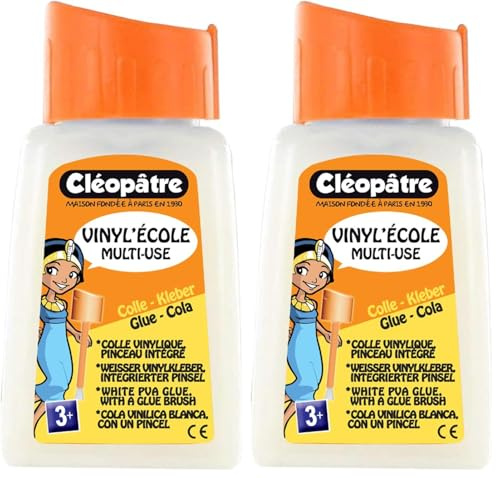 CLÉOPÂTRE - Flacon de Colle Blanche Vinylique Avec Bouchon Pinceau 80 g – Pinceau Intégré – Idéale Travaux Manuels et Loisirs Créatifs Dès 3 ans – Rentrée Des Classes - Fabrication Française