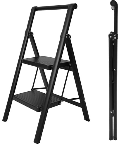 UZIRO Escalera Plegable 2 Peldaños, Liviana y Compacta, Diseño Decorativo, Peldaños Anchos Antideslizantes, Ideal para Uso en Hogar, Cocina y Oficina, Fácil de Guardar (Negro, 2 Peldaños)