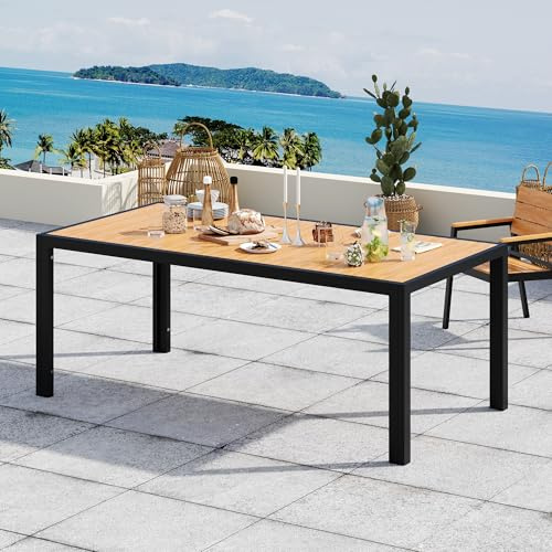 Devoko HDPS Wetterfester Gartentisch, 189 x 80 x 74 cm Aluminium-Tisch für den Außenbereich mit Holzmaserung, pflegeleichter Esstisch für 6 bis 10 Personen (Naturfarbe)