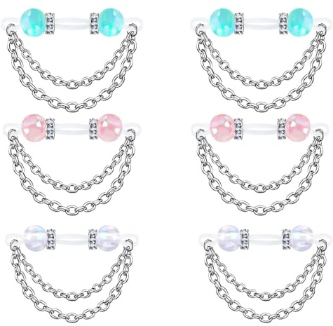 FLOGWE 4PCS Fake Nipple Piercings, Double Chain Dangle with Adjustable Silicone Nooses Fake Nipple Rings, Non-Piercing Faux Body Jewelry for Women, One Size, Metal Silicone, cubic zirconia