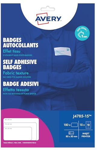 Avery Selbstklebendes Badge aus Textil – 240 Badge, selbstklebend, Seide, Acetat, weiß, 40 x 75 mm, Laserdruck, selbstklebende Etiketten, personalisierbar, Kleidung – Abzeichen Avery