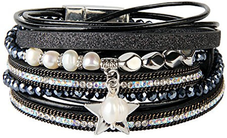 JOYMIAO Leder Seil geflochten Armband Kristall Perle Charme Leder Armbänder Multi-Layer-Leder Wrap Manschette Armreif mit Magnetverschluss für Frauen (Schwarz)