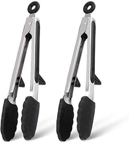 PREMYO Juego 2 Pinzas Cocina Silicona Punta Resistente al Calor Multiuso para Servir Sartén Antiadherente con Soporte Mango Acero Inox Cierre Fácil