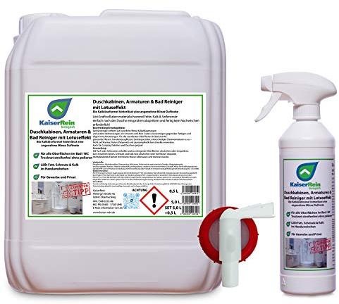 KaiserRein Bio Duschkabinenreiniger mit Lotuseffekt/Abperleffekt Set 5 L Kanister +und Sprayflasche Leer 0,5L + Auslasshahn ohne nachwischen streifen freies abtrocknen