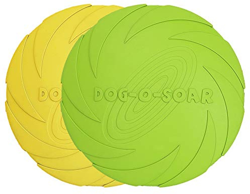 Vivifying Dog Frisbee, 2 Pack 7 Inch Natural Rubber Floating Dog Frisby Flying Saucer for Both Land and Water (Green + Yellow)
