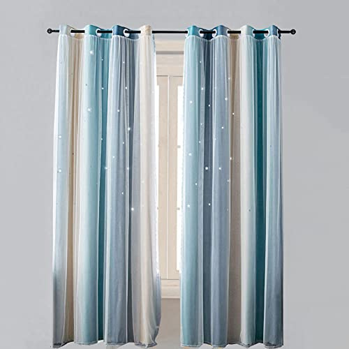 Lsimeru Blau Vorhang Farbverlauf Blickdicht Doppellagig mit Höhlen Sterne Verdunkelungsvorhang Gardinen Regenbogen Babyzimmer Kinderzimmer Mädchen Junge Ösenschal Dekoschal 1 Stücke,132x160
