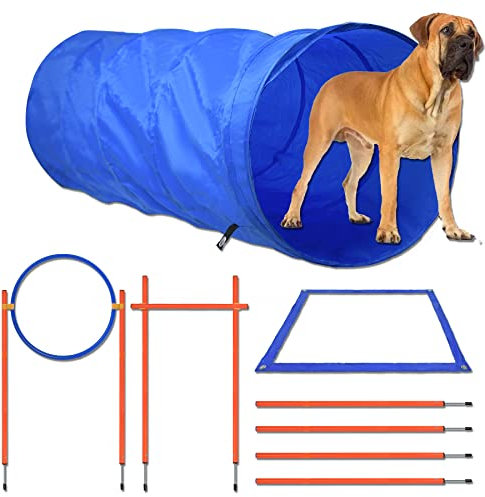Froadp Agility Ausrüstung für Hunde, Hindernisse Kombinationen mit Slalomstangen, Einstellbar Sprungring, Hochsprungstange, Hundetunnel, Steckhürdenset für Koordinationstraining