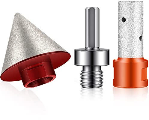 Lothee 3 Pcs Diamond Beveling Chamfer Bits with 5/8-11 in Thread Adapter 3/5 Diamond Finger Milling Bits for Tile Marble Glass Existing Hole Enlarging Shaping Trimming(1-7/8 Inch,Silver, Red, Orange)
