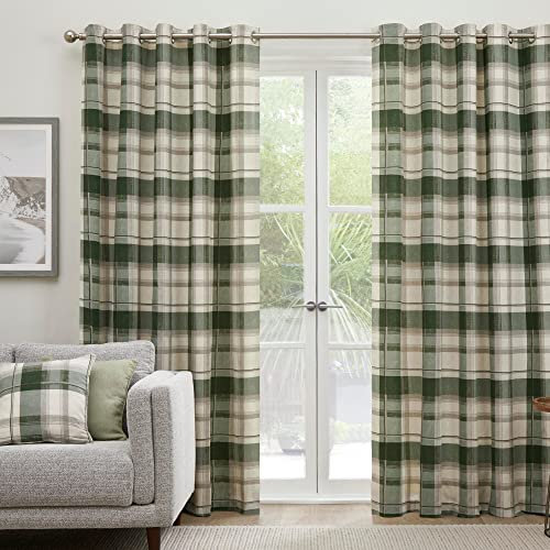Fusion Jeannie Green Tartan Eyelet Curtains – W46 x L72 (117x183cm) – 100% Cotton – 2 Panels – Olive Green Plaid Drapes – Lined Curtains for Bedroom/Living Room/Office – Check Pattern Window Dress