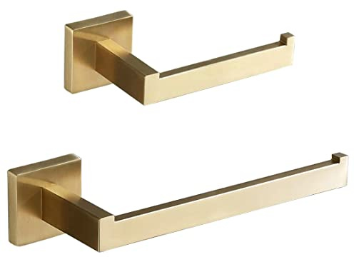 SHUNLI Porte-Rouleau de Papier Toilette doré + Porte-essuie-Mains, Ensemble d'accessoires de Salle de Bain doré brossé, Support Mural pour Papier Toilette, Barre Porte-Serviette, Acier Inoxydable