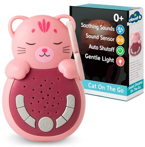 Cloud b Sweet Dreamz On The Go | Macchina del Suono da Viaggio con Luce Calmante | 4 Rumori Bianchi & Ninne Nanne Rilassanti | Sensore Smart Riattivante & Bagliore Soffice |Aiuto Sonno Neonato| Gatto