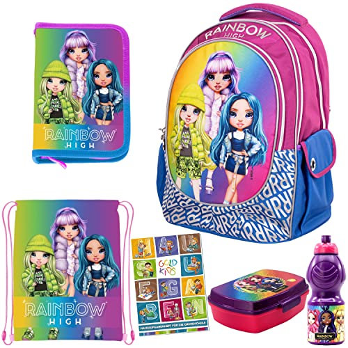 Goldkids 6er Set Schulranzen Ranzen Federmappe Turnbeutel Brotdose Trinkflasche Aufgabenheft Rainbow High Motiv geeignet ab der ersten Klasse der Grundschule