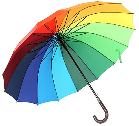 Shoze 45inch Rainbow Umbrella Colourful Windproof Large Rainbow Golf Umbrella Durable Bridal Party Rain Wooden Handle Umbrella