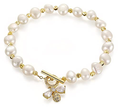 Emibele Frischwasser Perlen Armband mit Bieneform OT Schnalle, 14K Vergoldet Zirkonia Perlenarmband für Frauen, Damen und Mädchen, Natürlich Barock Armbänder Armkette Geschenk, Weiß & Gold