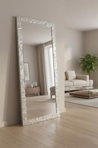 MO.WA Spiegel Groß Wandspiegel Ganzkörperspiegel Bodenspiegel 75x175 Blattsilber Spiegel Wand Modern Garderobespiegel Eingangsspiegel Holzspiegel Silber
