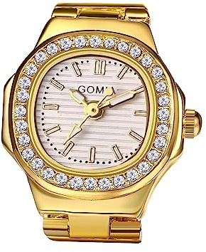 JewelryWe Ringuhr Fingeruhr Damen Uhren - Gold Quadrat Quarz Analoge Verstellbar Metall Ring Uhr Frauen Glitzer Strass Fingerringuhr Uhrenring mit Weiß Rechteckigem Zifferblatt