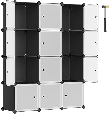SONGMICS Estantería Modular, Armario Modular de 12 Cubos, Estantería de Plástico con Puertas, para Zapatillas, Ropa, Libros, Fácil de Montar, Negro y Blanco LPC34HV1