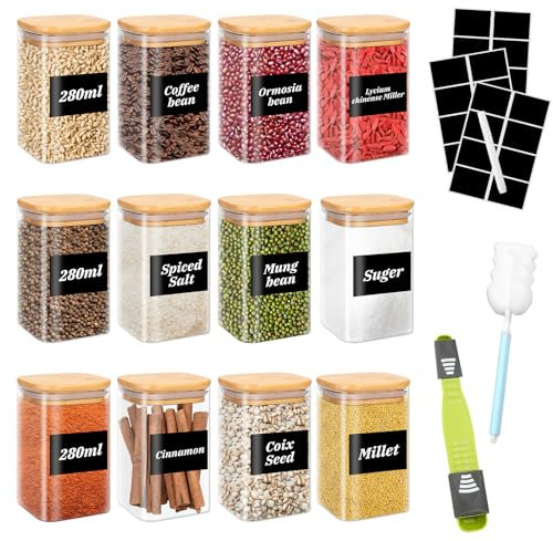 YUTUY Vorratsdosen Glas 12er Set,Vorratsgläser mit Deckel Eckig, Vorratsgläser Glasbehälter,Gewürzgläser Eckig Holzdeckel, Aufbewahrungsgläser Küche für Gewürze,Kräuter,Müsli,Bohnen