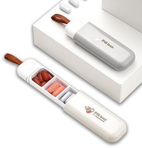 EUDUQ 2 Pezzi Mini Portapillole, 3 Scomparti porta Pastiglie Giornaliera, Portatile da Viaggio, Portapastiglie per Vitamine e Pillole (Beige e Grigio)