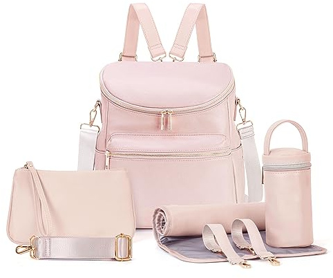Minsong blöjväska ryggsäck, mode läder mamma ryggsäckar, resa baby blöjväskor med i väska organiserare och skötdyna (rosa)