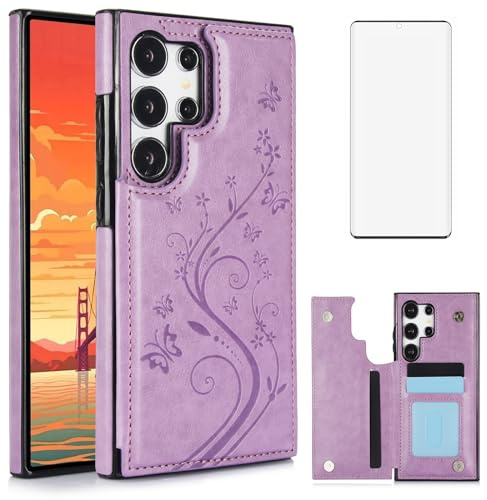 Phone Case for Samsung Galaxy S24 Ultra 5G with Tempered Glass Screen Protector Card Holder Wallet Cover Stand Flip Leather Cell Accessories S24Ultra 24S S 24 24Ultra 2024, 6.8 inch Women Men Purple