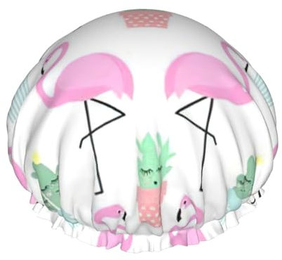WURTON Tropischer Flamingo, niedlicher Kaktus-Druck, weiche Duschhaube für Frauen, wiederverwendbar, umweltfreundlich, Badekappen