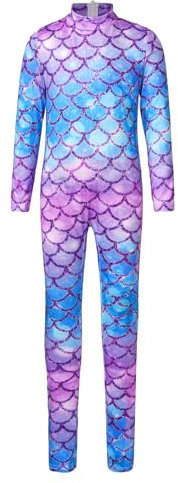 Alvivi Mädchen Meerjungfrau Kostüm Fischschuppen Gymnastik Leotard Turnanzug Langarm Body Overall Jumpsuit Tanzkostüm A Lila&Blau 146-152