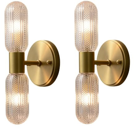 MODEBHD Wandleuchte aus goldenem Messing und Glas – Moderne Wandbeleuchtung, fest verdrahtet, Zwei Leuchten, nach Oben und unten dimmbar, Wandleuchten, Innenwandleuchte, Badezimmer-Waschtischleuchte,