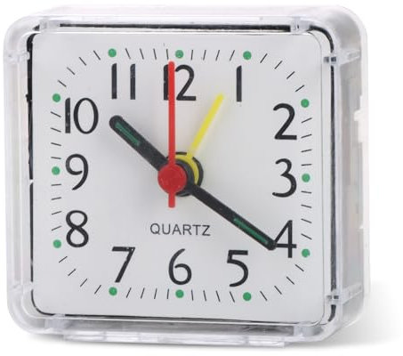Square Small Travel Alarm Clock, Silent Accurate Desk & Table Alarm Clock, Portable Design for Travel, Long Lasting Plastic Battery Operated, Perfect for Bedroom Office and Living Room Decor (White)