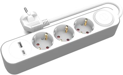 KEL Steckdosenleiste mit 3 FachMehrfachsteckdose, USB Type-A und 1 Type-C Anschluss; 3 m Verlängerungskabel mit Schukostecker und EIN-/Ausschalter; 3680 Watt Steckdosen; Dreifachsteckdosen - weiß