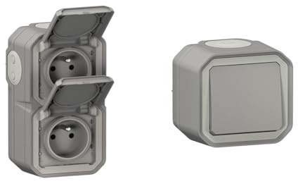LEGRAND - Prise Etanche Double IP55 avec Terre Plexo - Prise 2P+T 16A Complète avec Volet & Interrupteur Mural Etanche Simple ou Va-et-vient 10A Plexo - Commande d'Éclairage