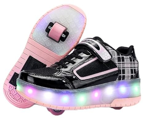 HUSKSWARE Kinder Sportschuhe, 4-Rad Skate-Schuhe, mit Fußbremse, vordere Räder und Fußbremse abnehmbar, geeignet für Jungen und Mädchen, SchwarzRosa 29-40 EU
