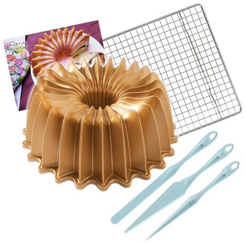Nordic Ware Brilliance Bundt Pan Gold 10 Cup Capacity With Bundt Finishing Tool Kit + Cooling Rack and Recipe Card